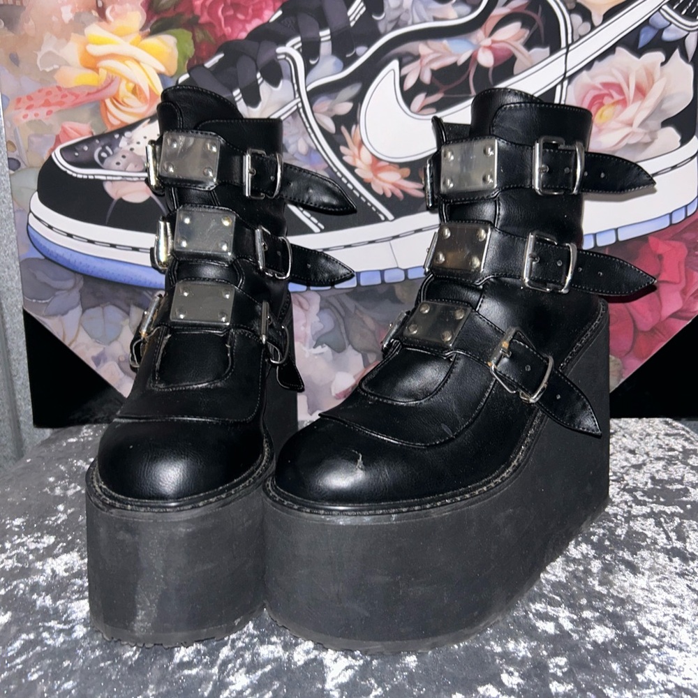 Demonia Black Chunky Platform Shoes with Thick Straps and High Sole